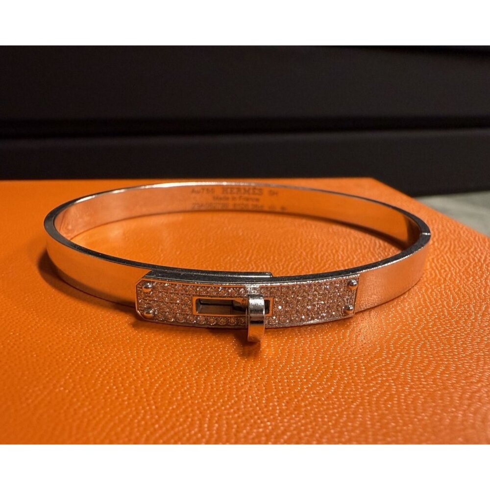 Hermès Kelly Diamond Lock Bangle 18K White Gold 0.36ct Made In France With Box